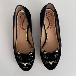 Charlotte Olympia Black Velvet Kitty Flats